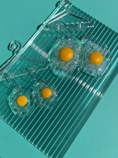 Ella Egg - Iridescent Sparkly Fried Egg Statement Earring Hoops