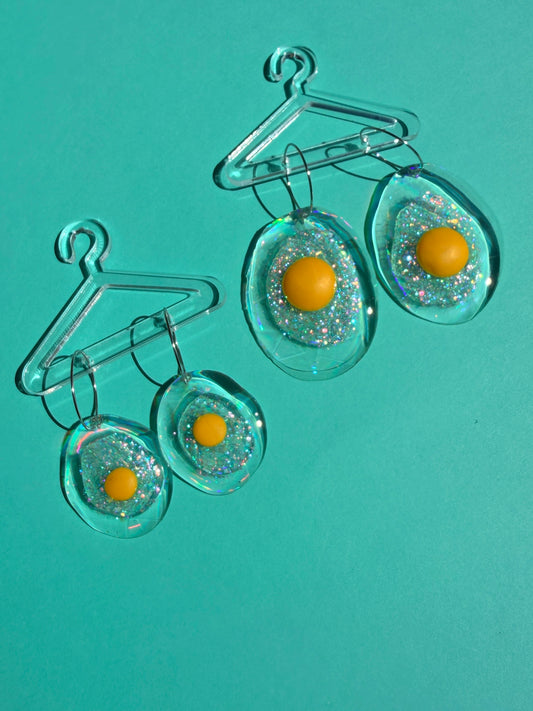 Ella Egg - Iridescent Sparkly Fried Egg Statement Earring Hoops
