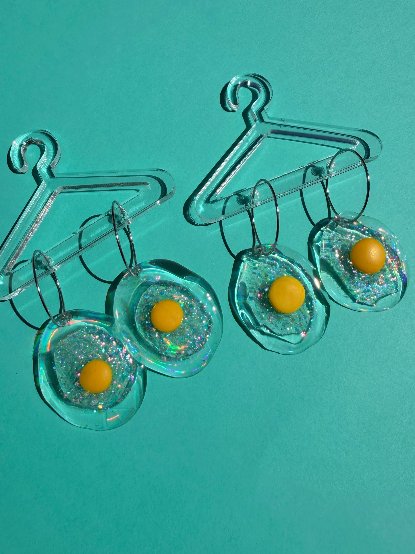 Ella Egg - Iridescent Sparkly Fried Egg Statement Earring Hoops