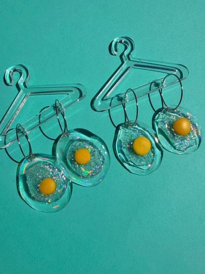 Ella Egg - Iridescent Sparkly Fried Egg Statement Earring Hoops