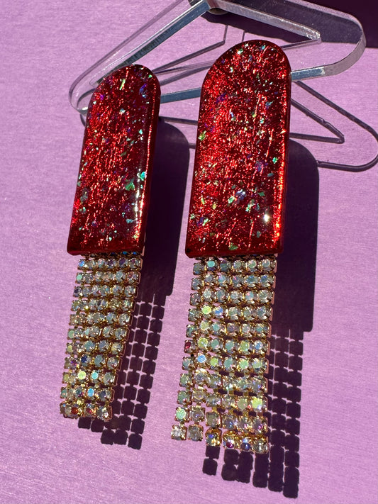 Hali Rhinestone Chain Earrings in Red Opalescent Metallic