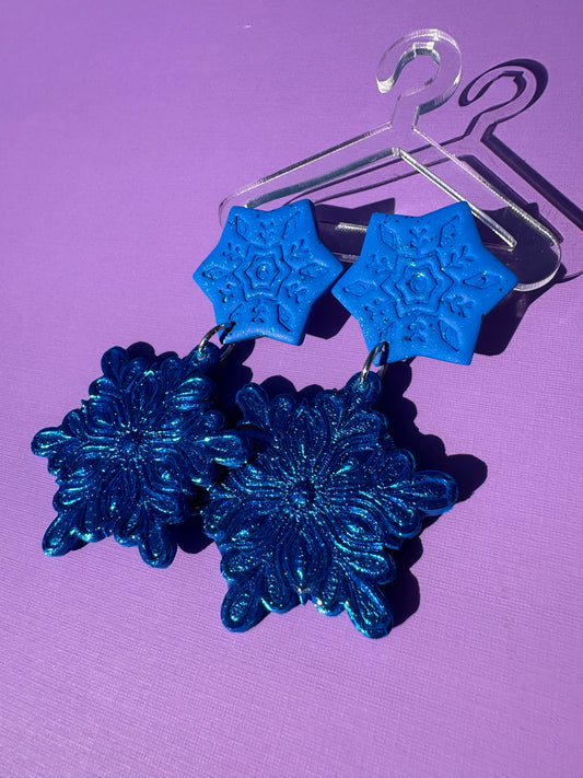 Chrissy in Blue Crushed Velvet & Matte  Double Snowflake Statement Earrings