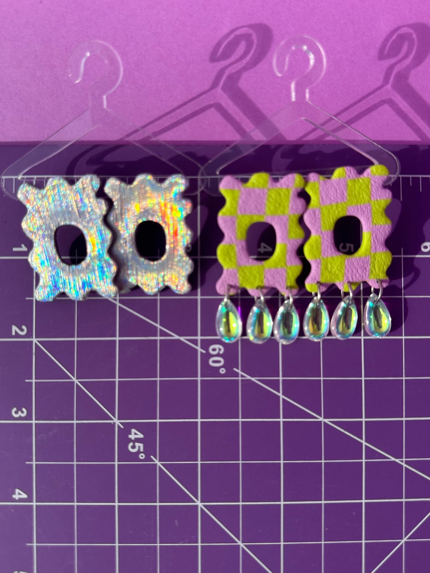 Echo in Lime & Lilac Checkerboard - (Beads Optional) - Wavy Geometric Statement Earrings