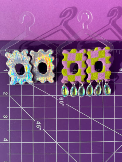 Echo in Lime & Lilac Checkerboard - (Beads Optional) - Wavy Geometric Statement Earrings