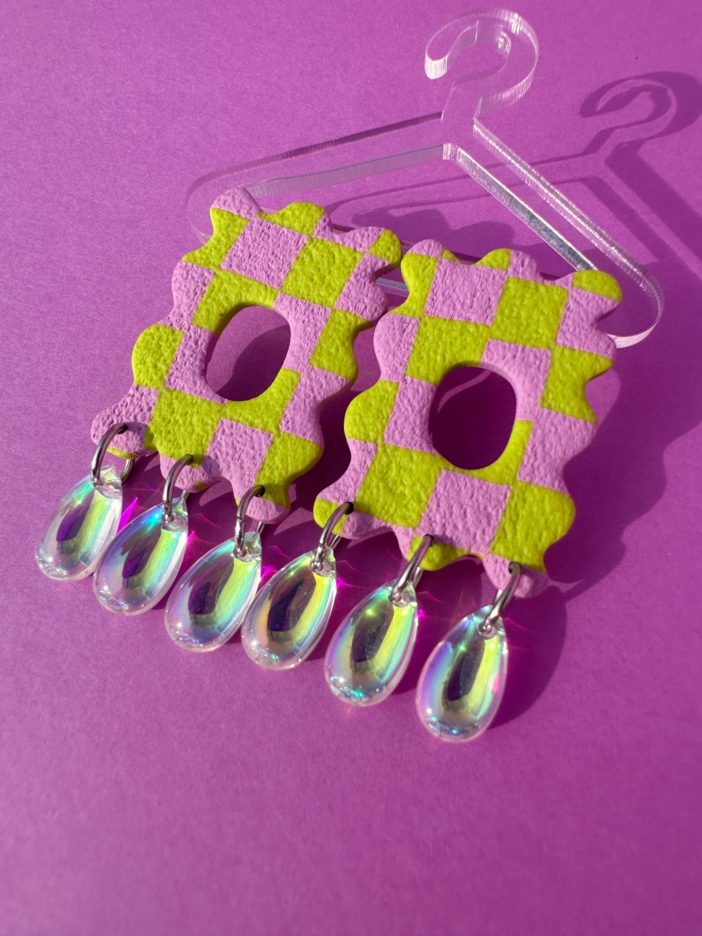 Echo in Lime & Lilac Checkerboard - (Beads Optional) - Wavy Geometric Statement Earrings