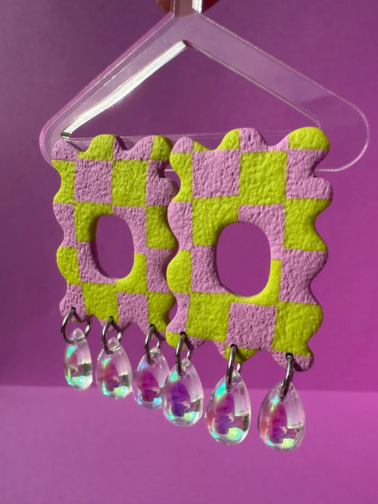 Echo in Lime & Lilac Checkerboard - (Beads Optional) - Wavy Geometric Statement Earrings
