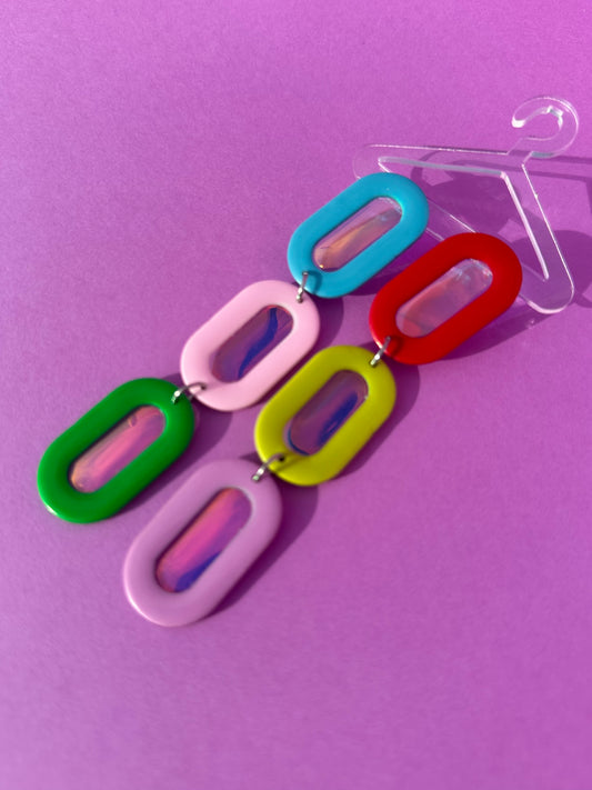 Lexie in Multi Aura - Iridescent, Blue, Green, Baby, Red, Lime & Lilac Window Statement Earrings