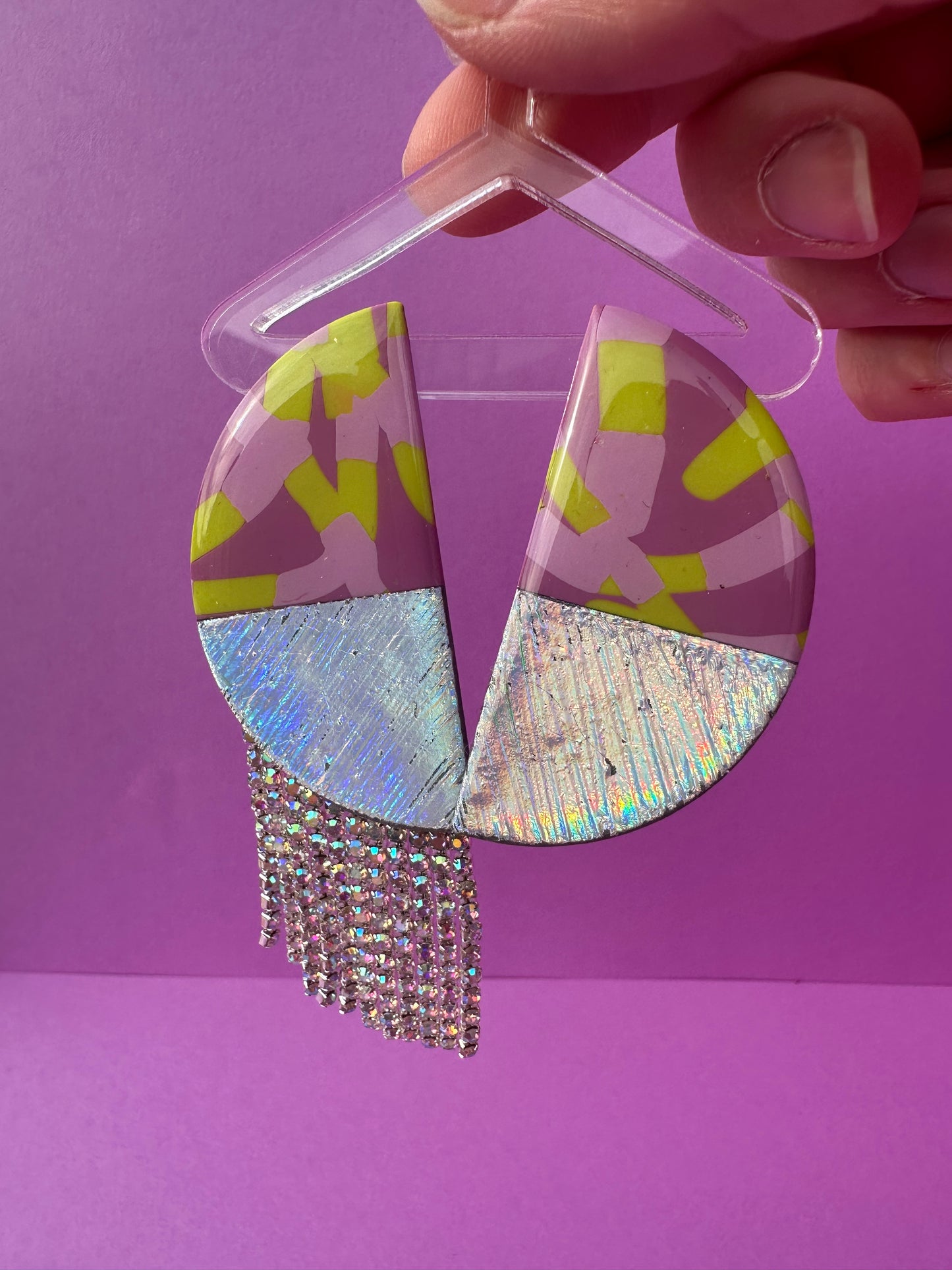 Kacey Rhinestone Fringe Earrings in Aura, Lavender, Lilac & Lime -Color Block Half Circle Sparkling Earrings