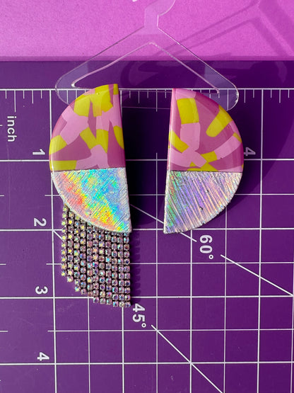 Kacey Rhinestone Fringe Earrings in Aura, Lavender, Lilac & Lime -Color Block Half Circle Sparkling Earrings