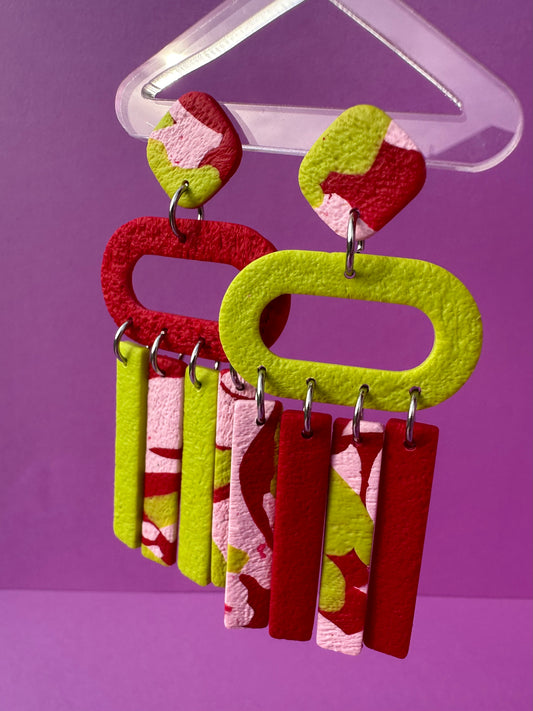Keira Window Dangle Earrings in Red, Baby & Lime Stripe Mix - Asymmetrical Geometric Eclectic Dangle Statement Earrings