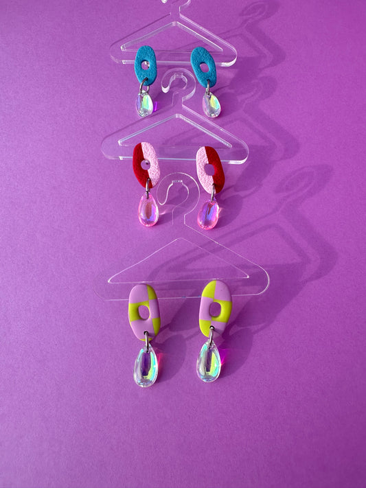 Ava Oval Window Studs with Iridescent Bead Drop - Dainty Handmade Earrings
