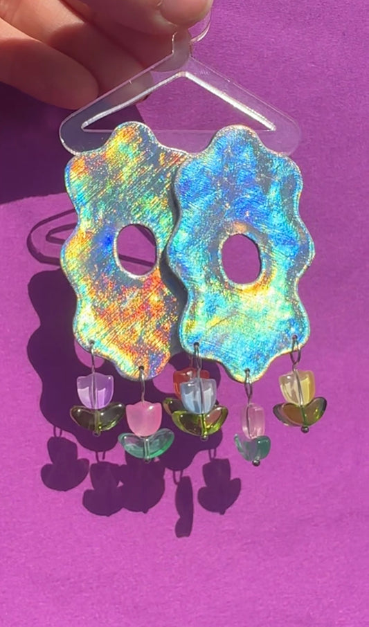 Lucy in Aura Holographic with Tulip Beads - Wavy Oval Geometric Statement Earrings