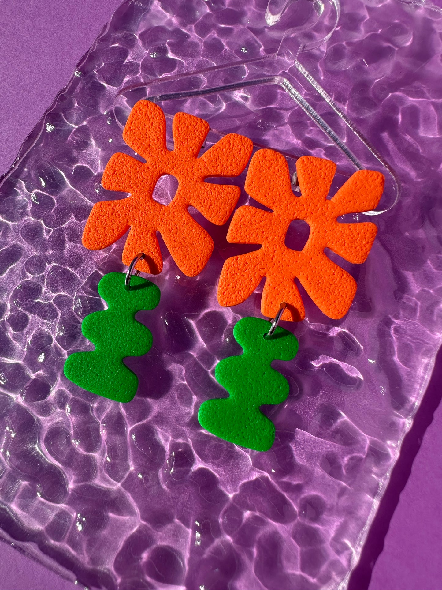 Retro Flower Stem - Whimsical Flower Earrings in Orange or Pink