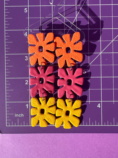 Orange, Pink & Yellow Retro Flower Stack - Multicolored Funky Statement Earrings