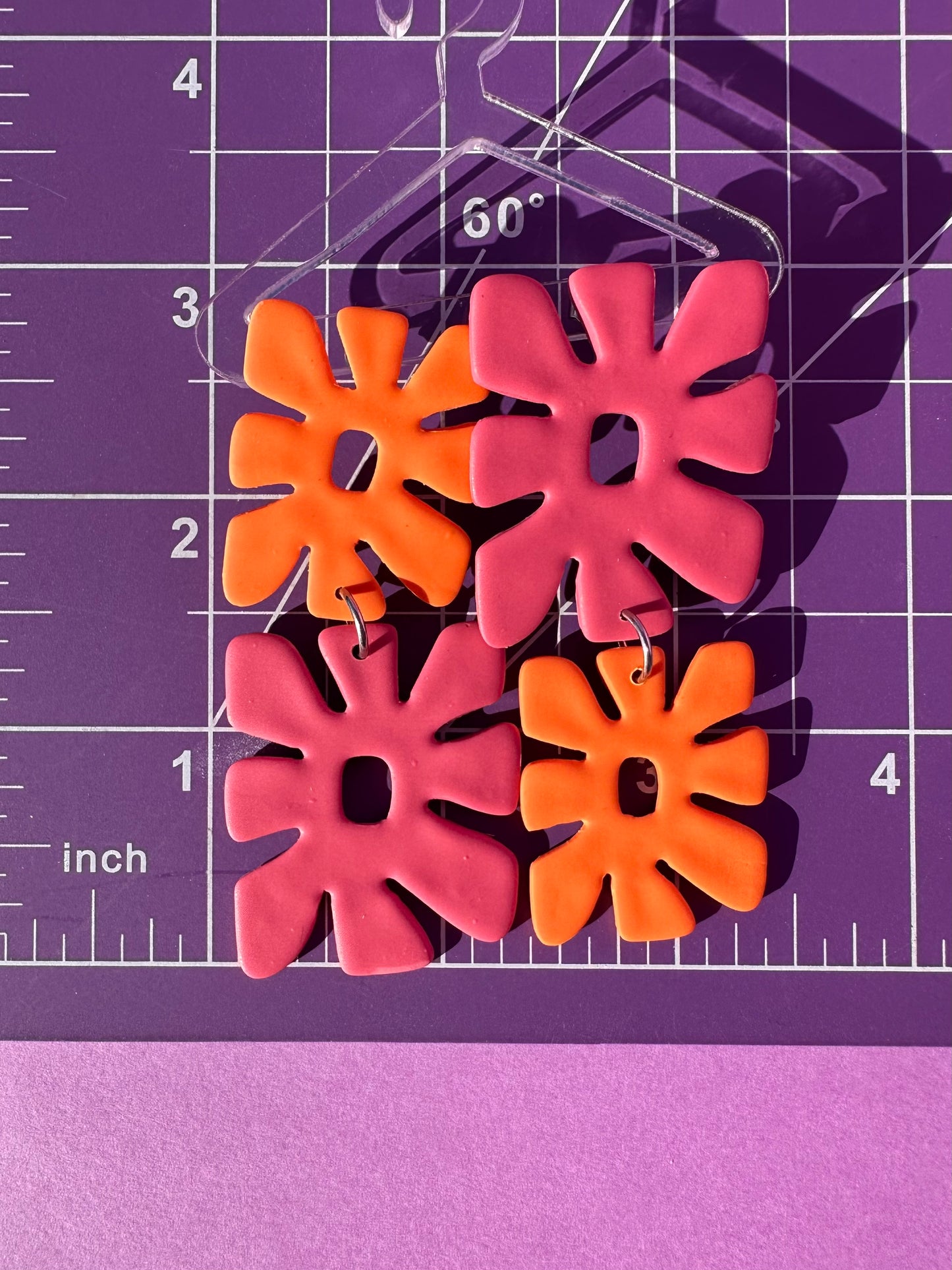 Orange & Pink Retro Flower Stack - Multicolored Funky Statement Earrings