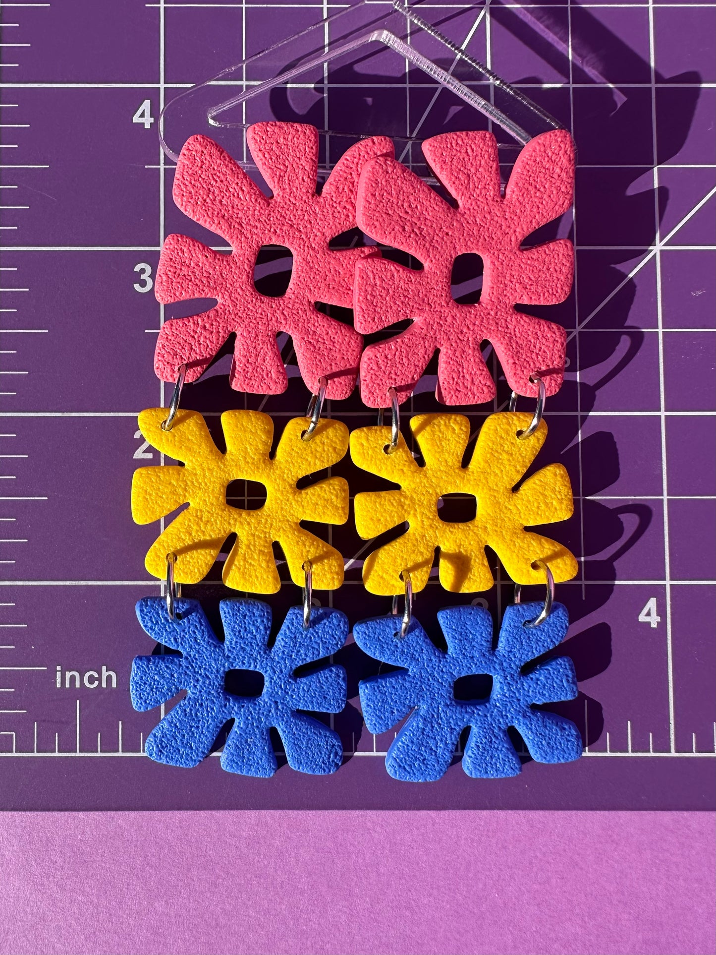 Pink, Yellow & Blue Retro Flower Stack - Multicolored Funky Statement Earrings