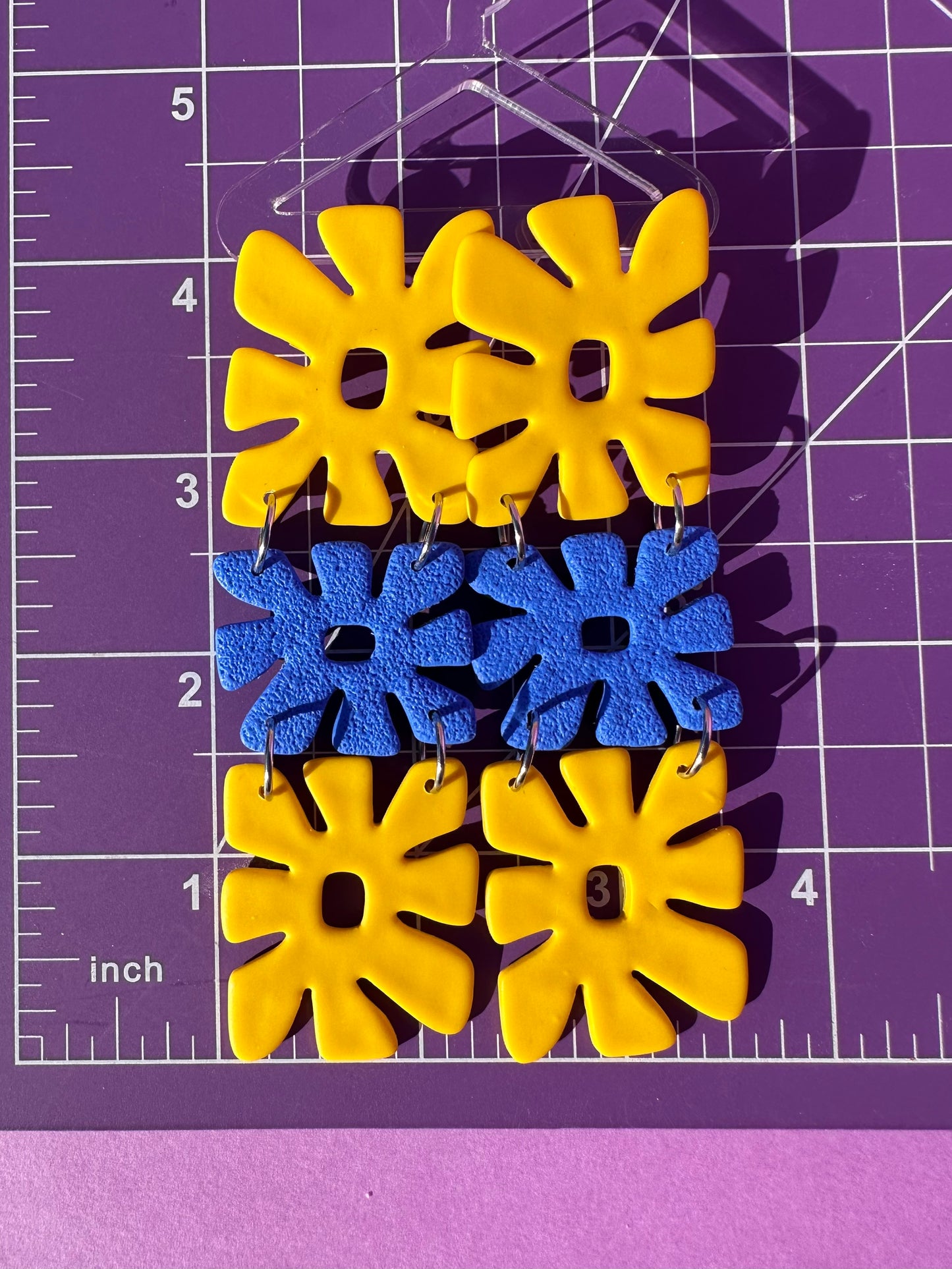 Yellow & Blue Retro Flower Stack - Multicolored Funky Statement Earrings