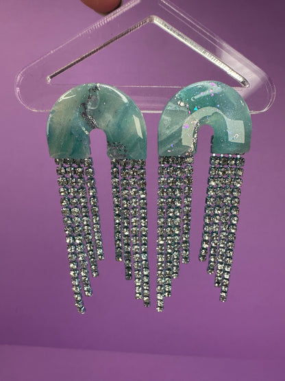 Skye in Ice Blue - Rhinestone Fringe Cascading Arch Statement Earrings