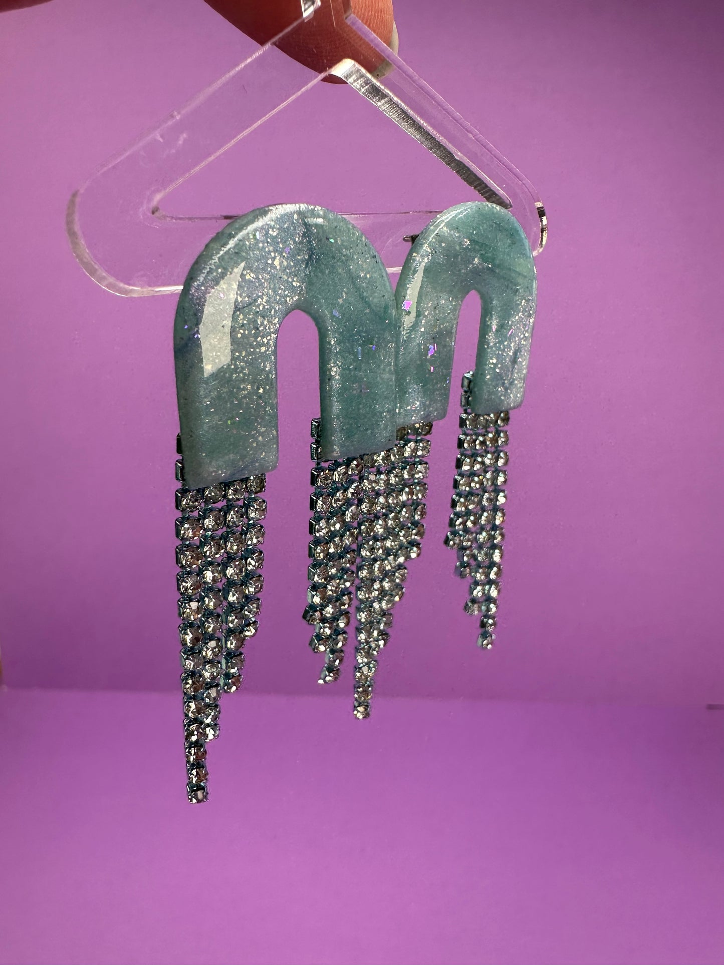 Skye in Ice Blue - Rhinestone Fringe Cascading Arch Statement Earrings