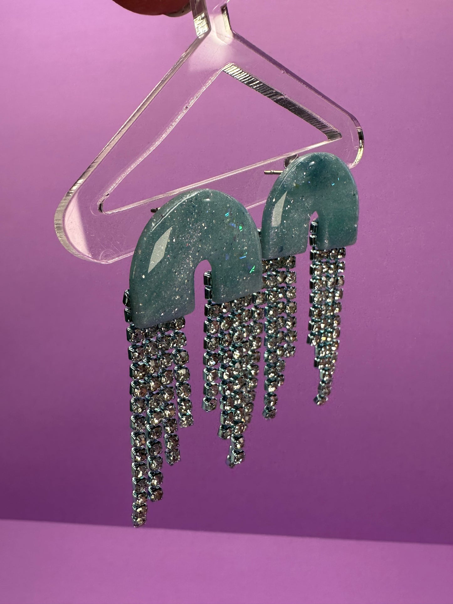 Skye in Ice Blue - Rhinestone Fringe Cascading Arch Statement Earrings