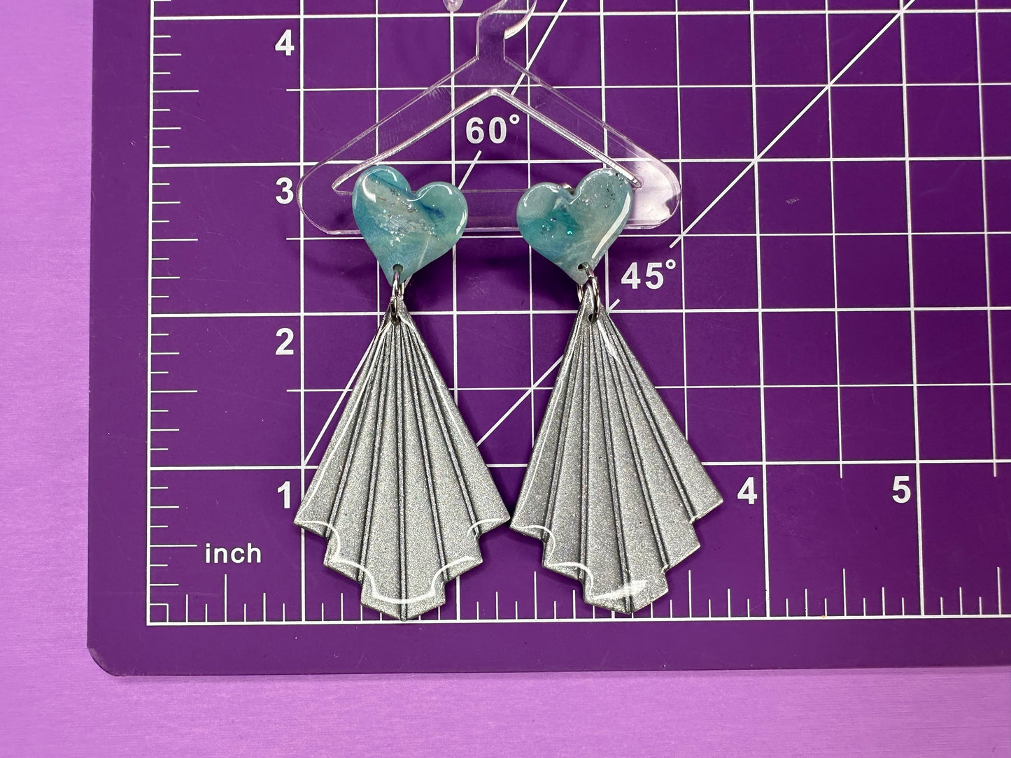 Clea in Silver Crush & Ice Blue Heart -  Coquette Art Deco Fan Statement Earrings