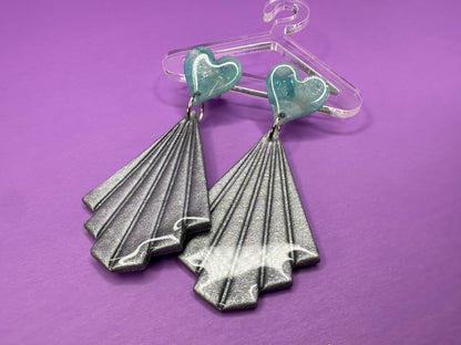 Clea in Silver Crush & Ice Blue Heart -  Coquette Art Deco Fan Statement Earrings