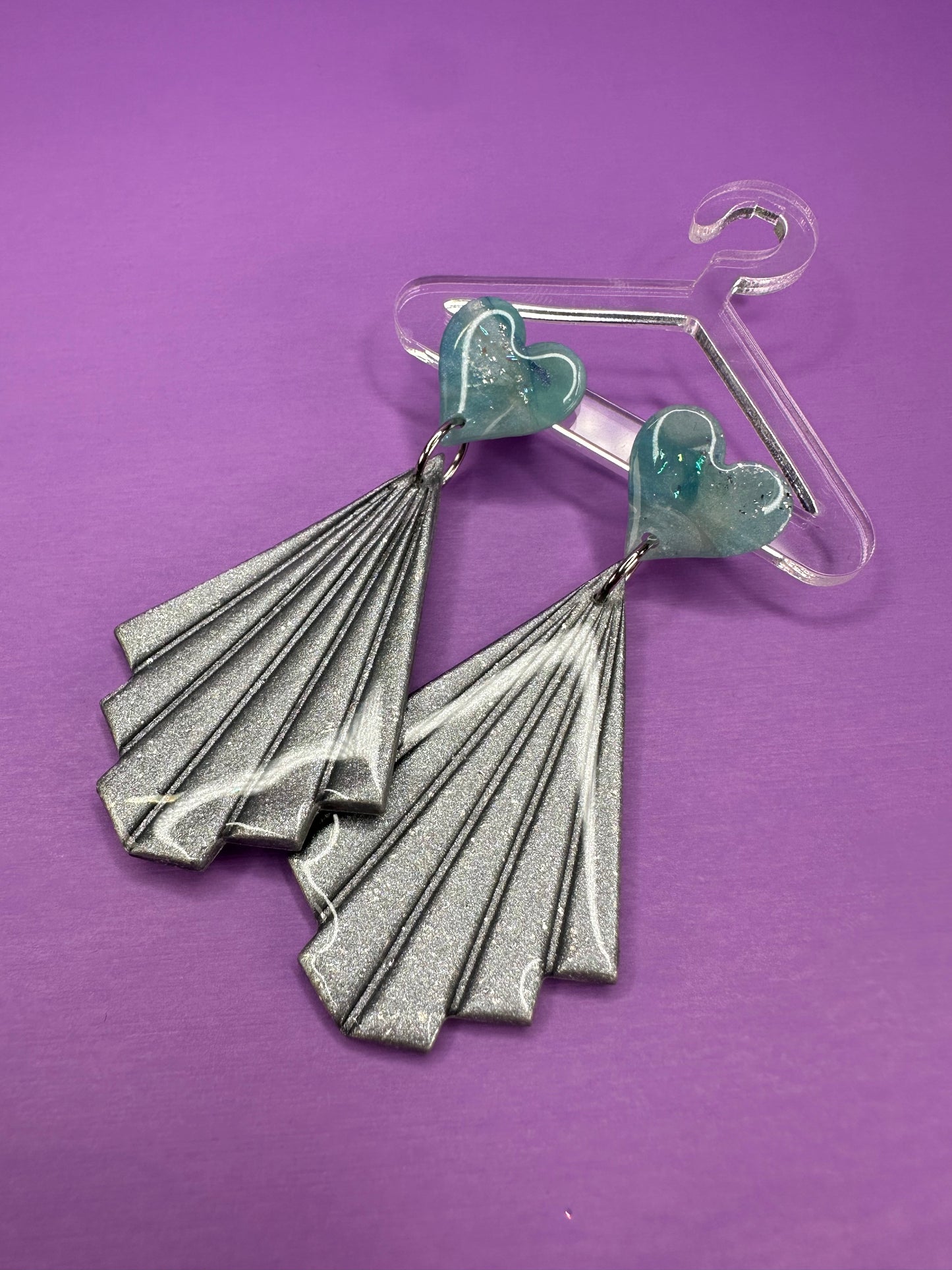 Clea in Silver Crush & Ice Blue Heart -  Coquette Art Deco Fan Statement Earrings