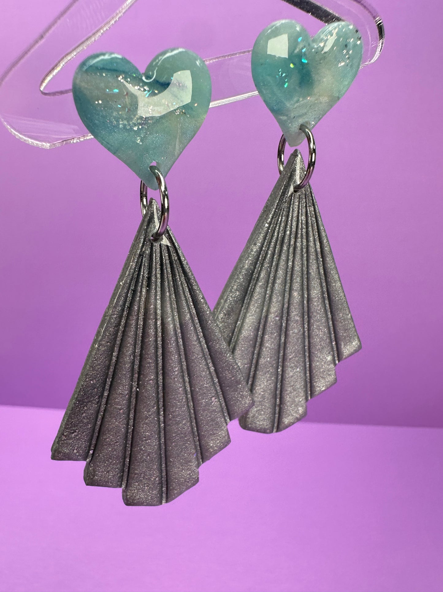 Clea in Silver Crush & Ice Blue Heart -  Coquette Art Deco Fan Statement Earrings