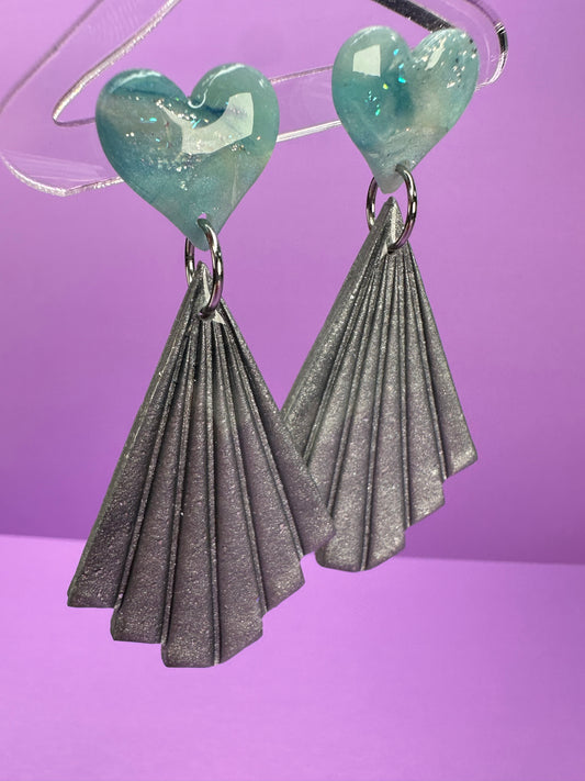 Clea in Silver Crush & Ice Blue Heart -  Coquette Art Deco Fan Statement Earrings