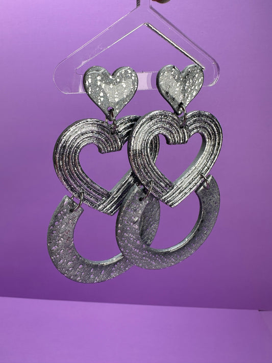 Lillian in Crushed Silver & Chrome - Triple Stacked Heart Statement Earrings