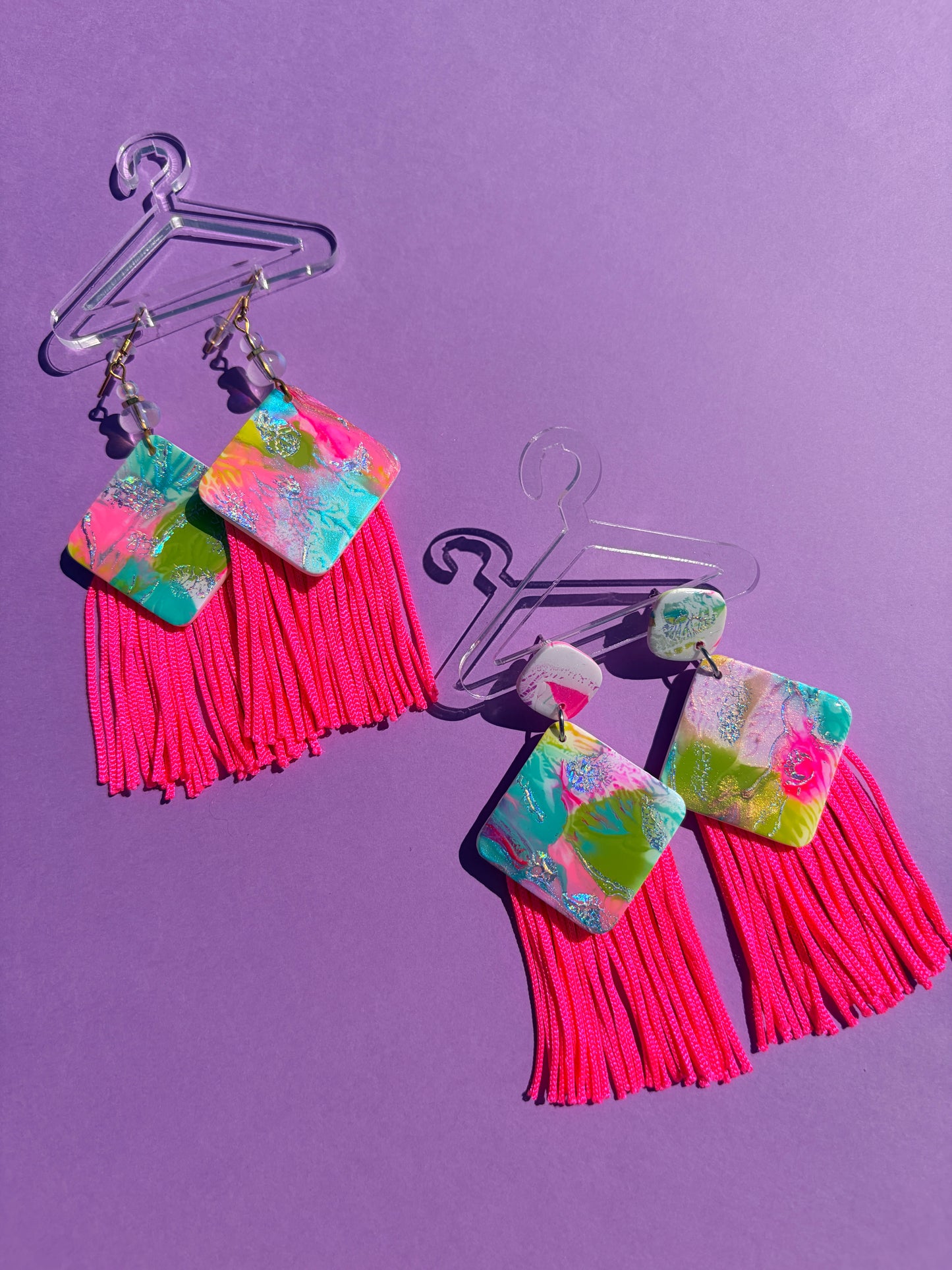 Fiona in Neon Rainbow Hand Painted Fringe Statement Earrings