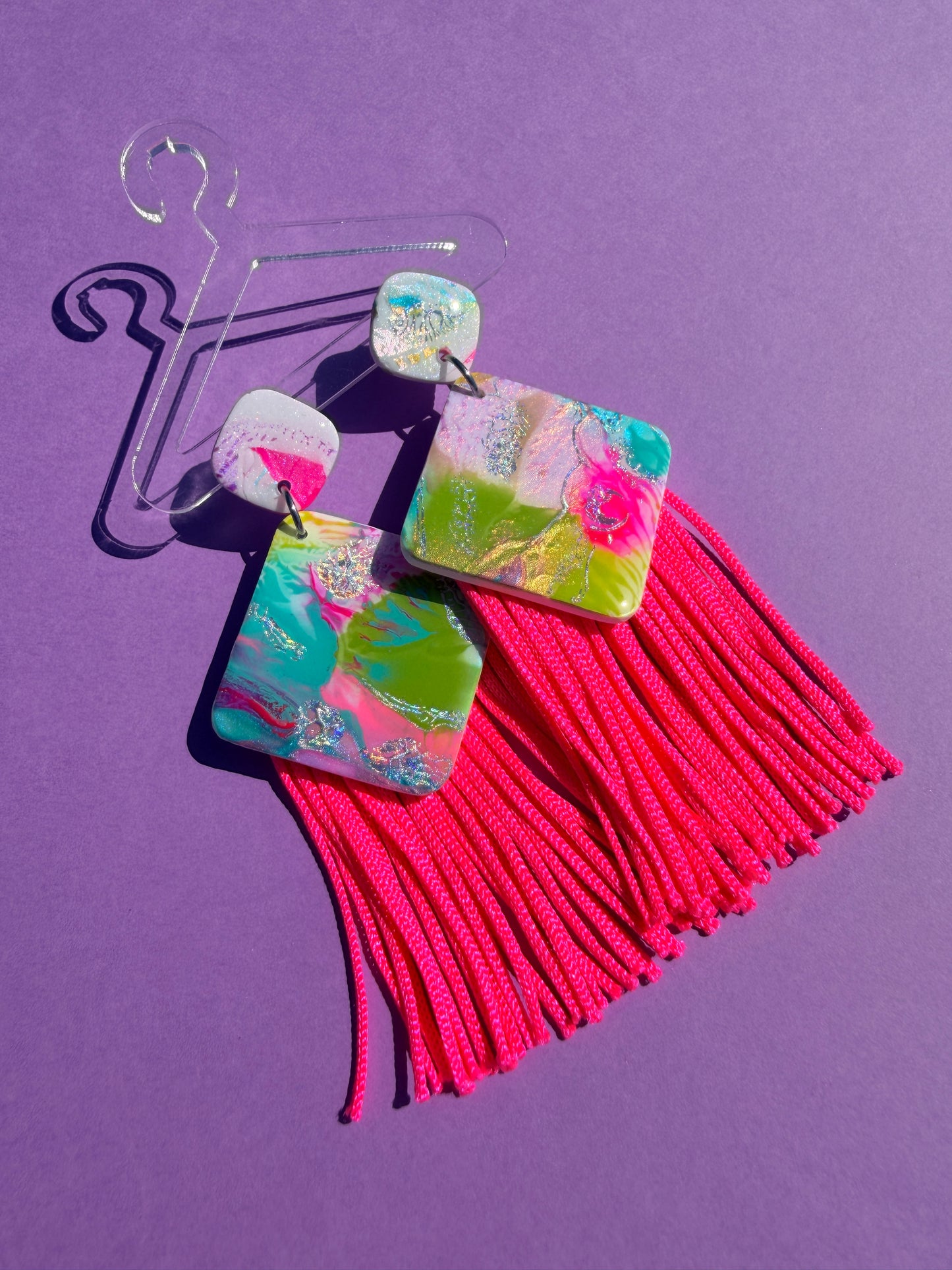 Fiona in Neon Rainbow Hand Painted Fringe Statement Earrings