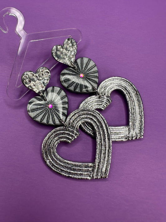 Lydia in Crushed Silver & Chrome - AB Rhinestone Nested Heart Statement Earrings