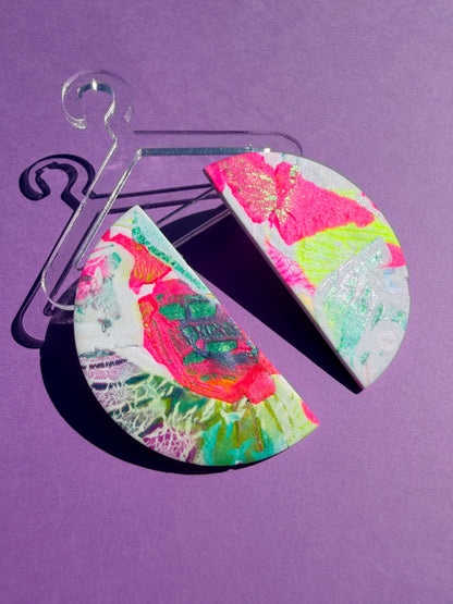 Chloe in Neon Rainbow Painted Half Circle Statement Earrings