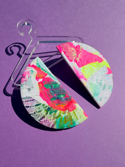 Chloe in Neon Rainbow Painted Half Circle Statement Earrings
