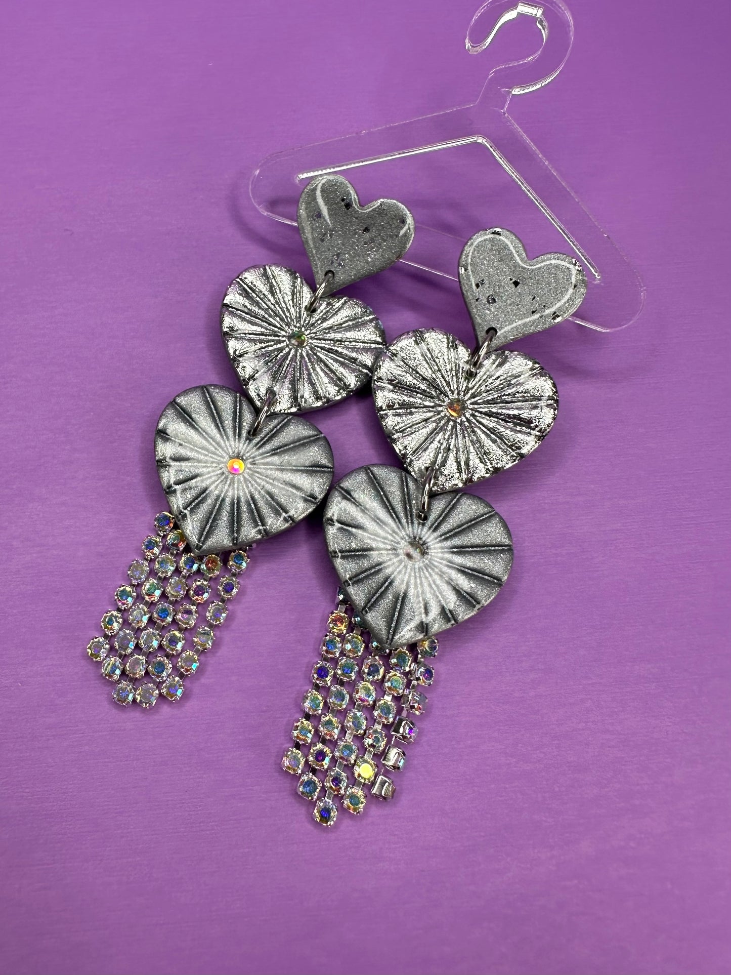 Juliet Triple Crushed Silver & Chrome - Stacked Heart Rainbow Rhinestone Fringe Earrings