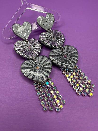 Juliet Triple Crushed Silver & Chrome - Stacked Heart Rainbow Rhinestone Fringe Earrings