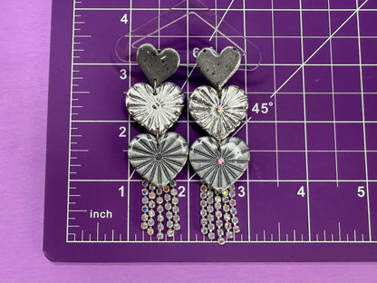 Juliet Triple Crushed Silver & Chrome - Stacked Heart Rainbow Rhinestone Fringe Earrings