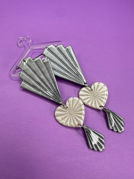 Mavis in Silver Crush with Pearl Starburst Heart -  Coquette Art Deco Fan Statement Earrings