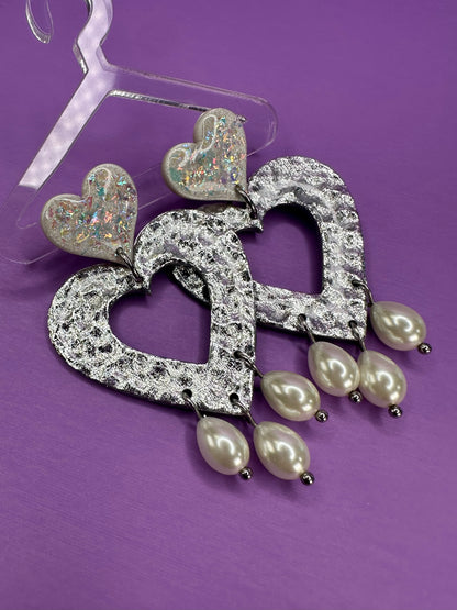 Lily Nested Hearts with Pearls in Opalescent Pearl or Chrome Silver - Coquette Aestetic Statement Earrings