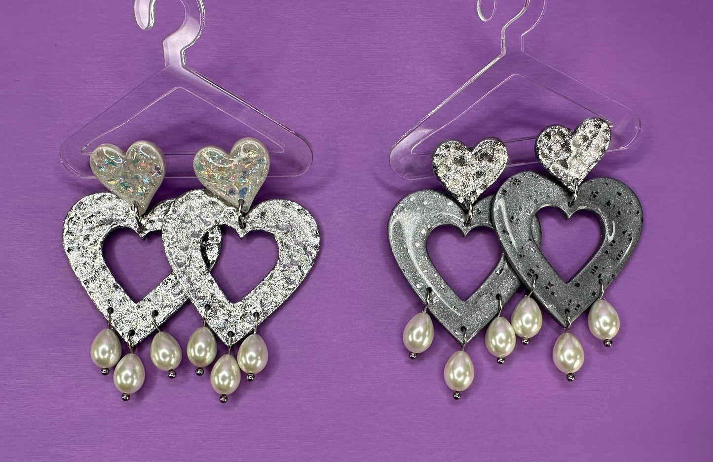 Lily Nested Hearts with Pearls in Opalescent Pearl or Chrome Silver - Coquette Aestetic Statement Earrings