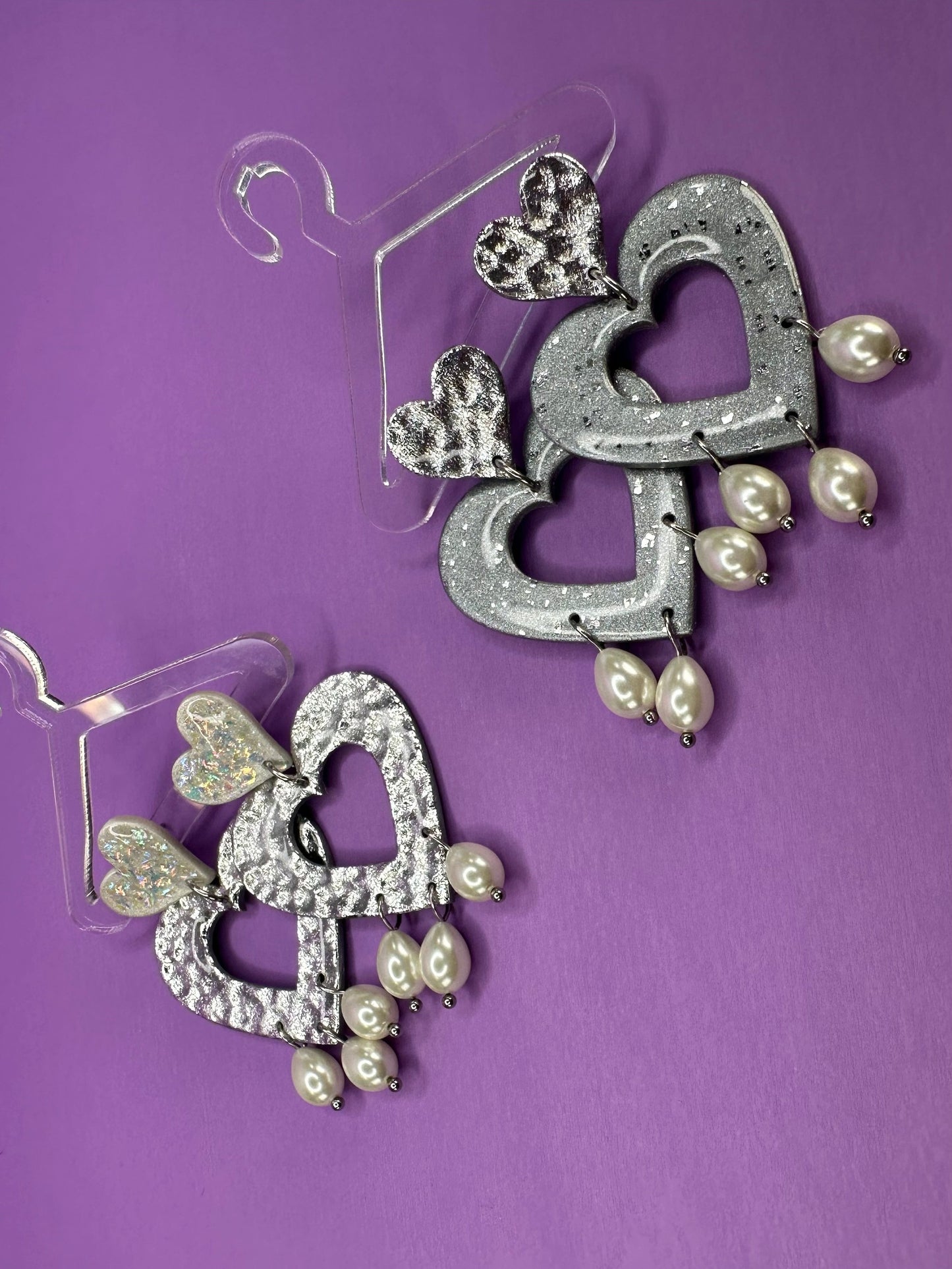 Lily Nested Hearts with Pearls in Opalescent Pearl or Chrome Silver - Coquette Aestetic Statement Earrings