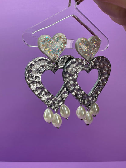 Lily Nested Hearts with Pearls in Opalescent Pearl or Chrome Silver - Coquette Aestetic Statement Earrings