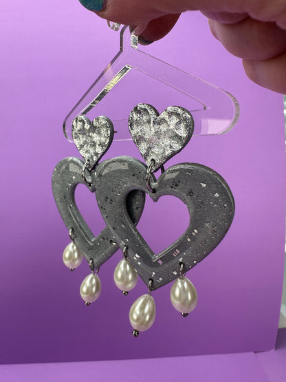 Lily Nested Hearts with Pearls in Opalescent Pearl or Chrome Silver - Coquette Aestetic Statement Earrings