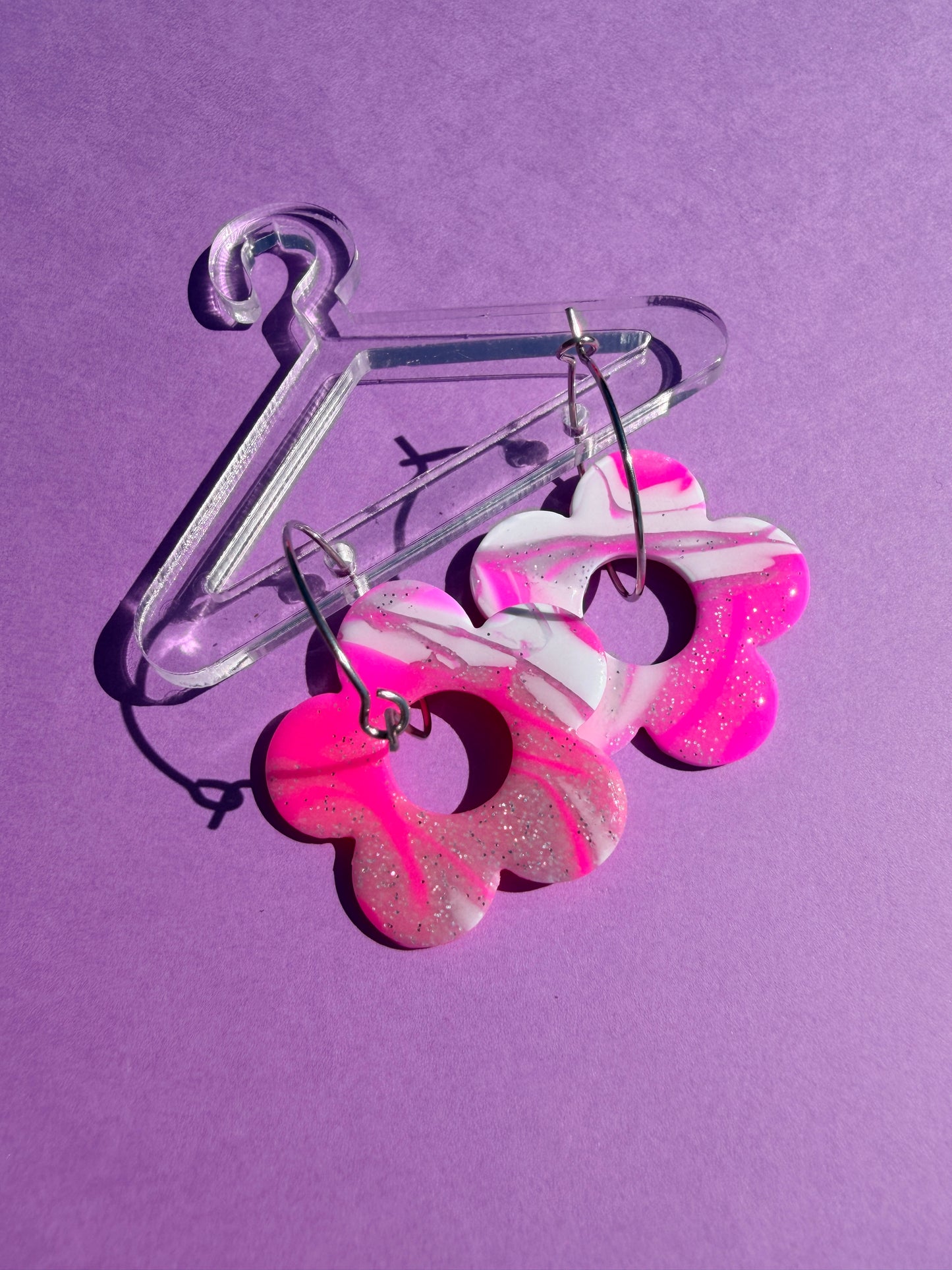 Daisy Flower Hoop in Pink & Silver Mokume Gane Handmade Earrings