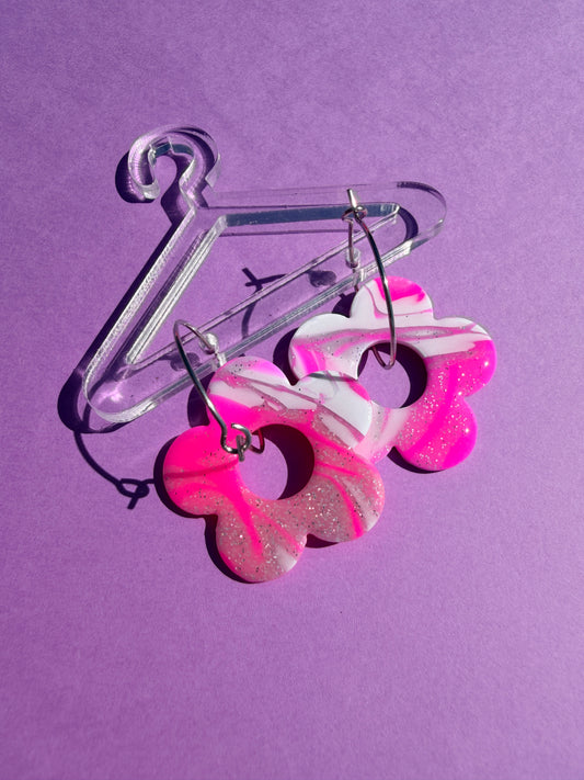 Daisy Flower Hoop in Pink & Silver Mokume Gane Handmade Earrings