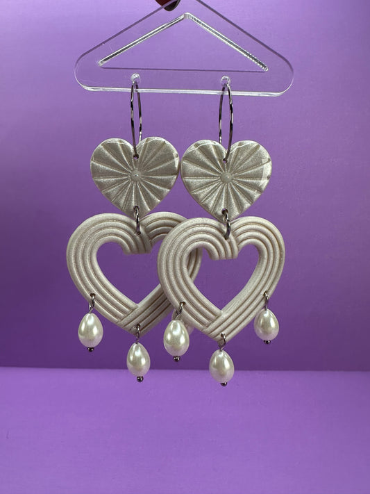 Lydia Starburst Nested Hearts with Pearls  - Coquette Statement Earrings