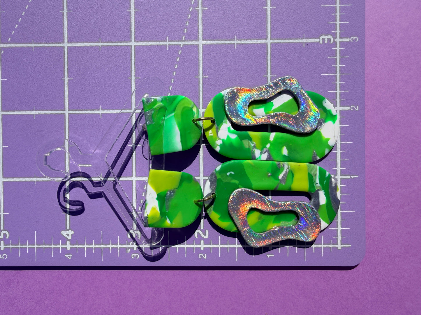 Ryan Green & Silver Holographic Stacked Asymmetrical Neon Statement Earrings
