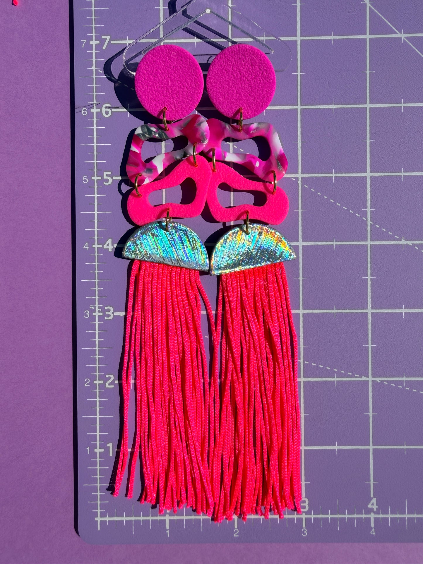 Harlow Pink Long Tassel Stacked Neon Fringe Statement Earrings