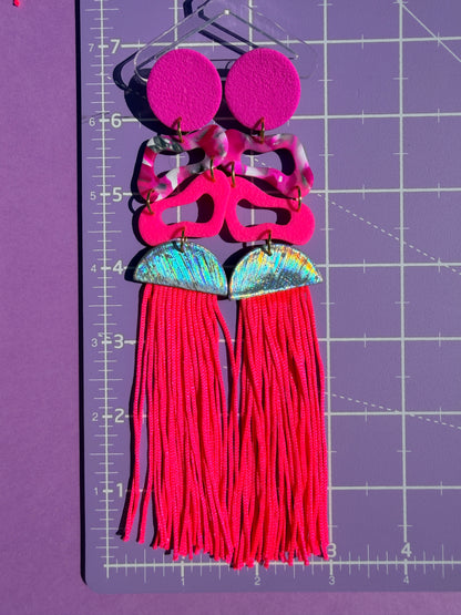 Harlow Pink Long Tassel Stacked Neon Fringe Statement Earrings